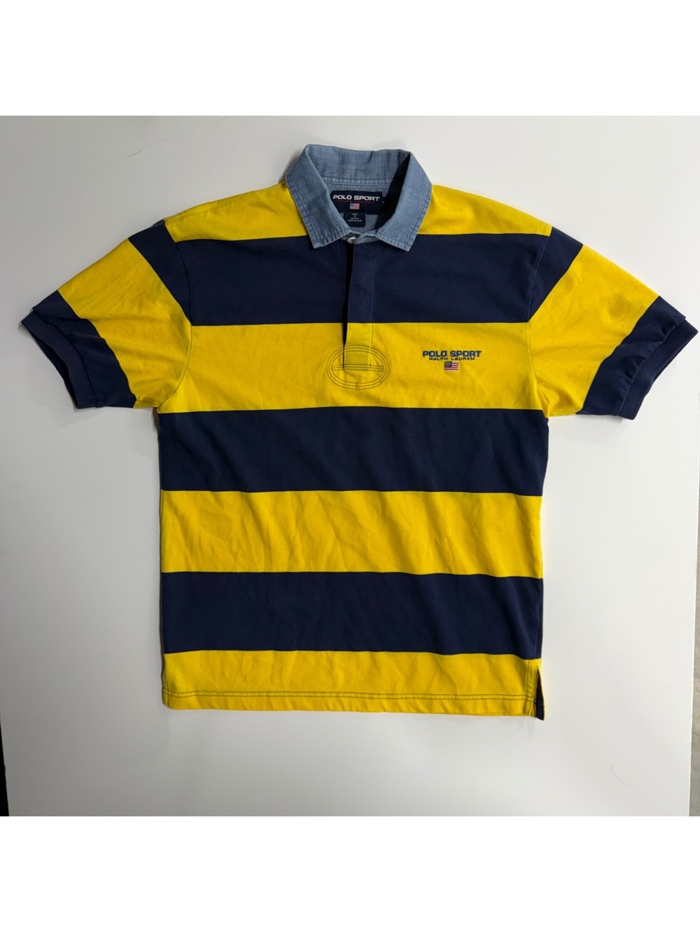 Polo Sport Ralph Lauren Men's Rugby Shirt Yellow Navy Striped Size S